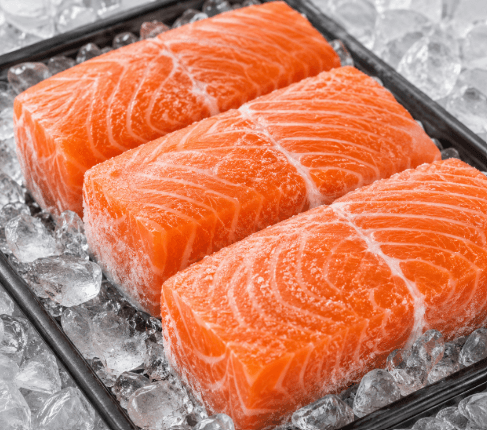 Filetes frescos de salmón sobre hielo