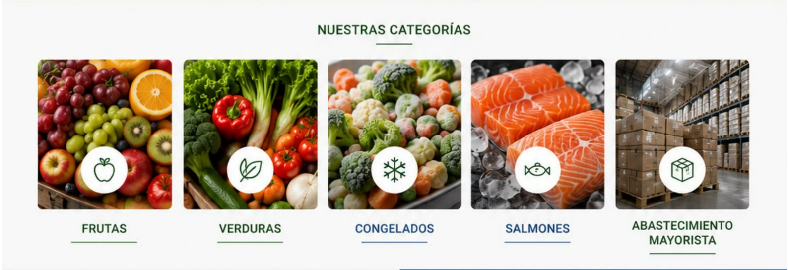 Categorías: frutas, verduras, congelados, salmones y abastecimiento mayorista